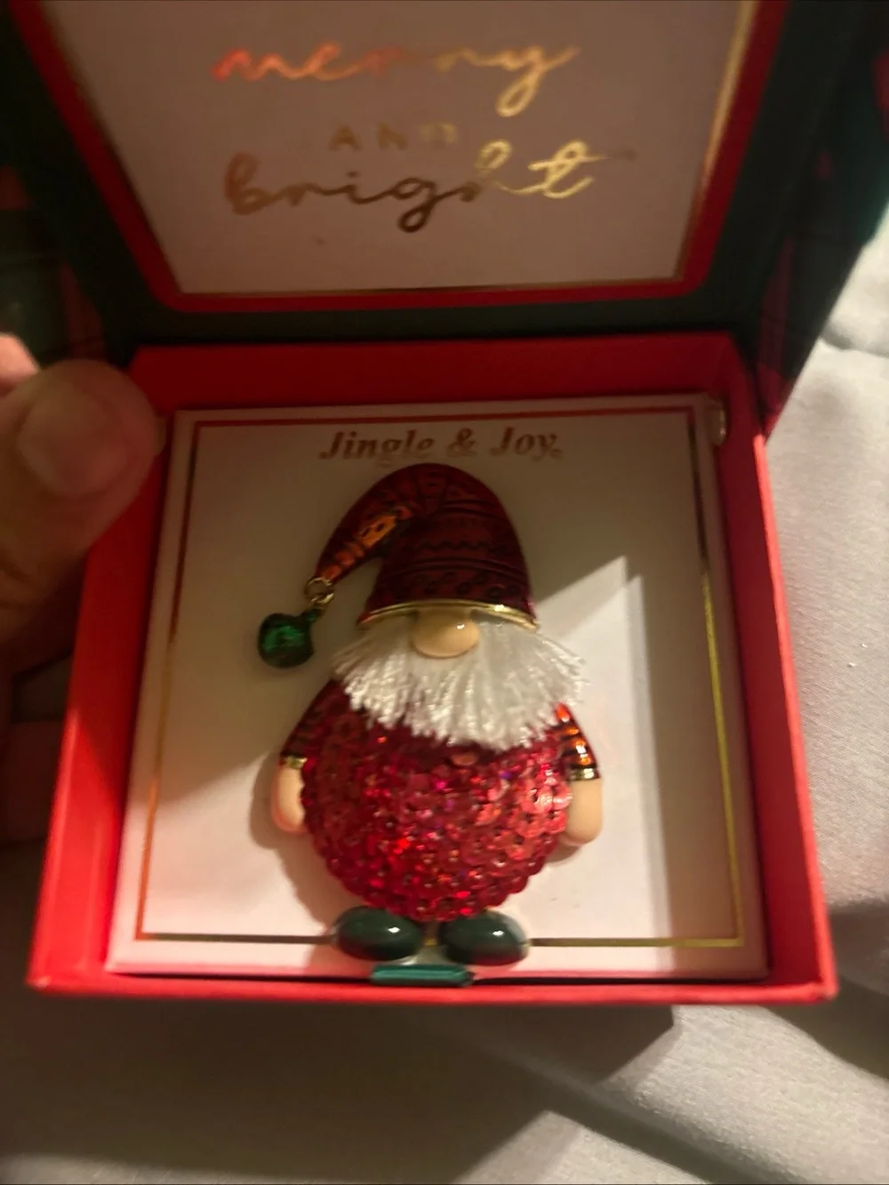 Jingle & Joy Red Sequin Holiday Gnome and Snowman  Brooch